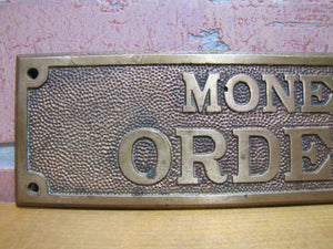 Old Brass MONEY ORDERS Sign Bevel Edge Embossed Bank Store Advertising