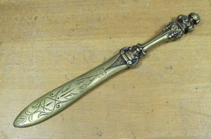 Antique Brass Letter Opener Page Turner Desk Art Lovely Thick Detailed Handle