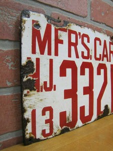 1913 Porcelain NEW JERSEY MANUFACTURER LICENSE PLATE NJ 13 MFR'S CAR 2 332M RHTF