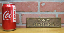 Load image into Gallery viewer, Old Brass MONEY ORDERS Sign Bevel Edge Embossed Bank Store Advertising
