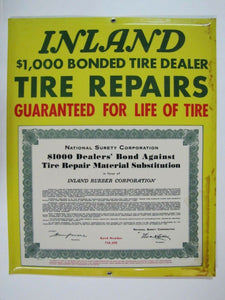 INLAND TIRE REPAIRS Old Sign Bevel Edge Gas Station Shop Auto Truck Ad 1k Bonded