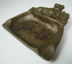 Antique Bronze Bulldog Tray Ashtray ornate old high relief card tip trinket