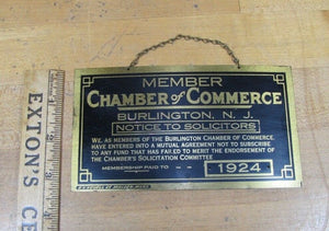 1924 BURLINGTON NJ NOTICE TO SOLICITORS CHAMBER of COMMERCE Old Brass Ad Sign