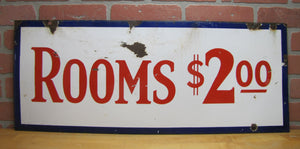 ROOMS $2.00 Old Double Sided Porcelain Advertising Sign General Steel Wares Products