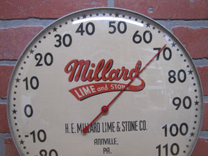 MILLARD LIME & STONE Co ANNVILLE PA Original Old Advertising Thermometer Sign T W O'CONNELL & CO CHICAGO 13 ILL