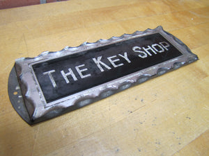 THE KEY SHOP Antique Reverse on Chip Scalloped Glass Advertising Sign ROG Foil Design Metal Back Frame