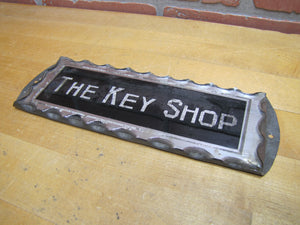 THE KEY SHOP Antique Reverse on Chip Scalloped Glass Advertising Sign ROG Foil Design Metal Back Frame