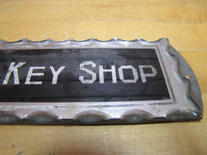 THE KEY SHOP Antique Reverse on Chip Scalloped Glass Advertising Sign ROG Foil Design Metal Back Frame