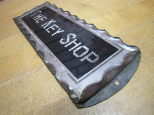 THE KEY SHOP Antique Reverse on Chip Scalloped Glass Advertising Sign ROG Foil Design Metal Back Frame