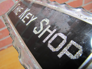 THE KEY SHOP Antique Reverse on Chip Scalloped Glass Advertising Sign ROG Foil Design Metal Back Frame