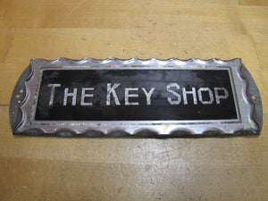 THE KEY SHOP Antique Reverse on Chip Scalloped Glass Advertising Sign ROG Foil Design Metal Back Frame