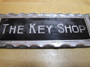 THE KEY SHOP Antique Reverse on Chip Scalloped Glass Advertising Sign ROG Foil Design Metal Back Frame