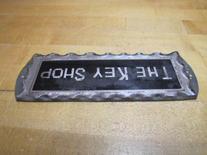 THE KEY SHOP Antique Reverse on Chip Scalloped Glass Advertising Sign ROG Foil Design Metal Back Frame