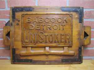 BABCOCK DETROIT UNISTOKER Orig Old Industrial Form Mold Sign Steampunk Equipment Machinery Wooden Form & Metal Braces Maker Number Tag