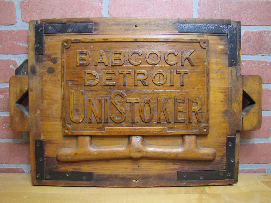 BABCOCK DETROIT UNISTOKER Orig Old Industrial Form Mold Sign Steampunk Equipment Machinery Wooden Form & Metal Braces Maker Number Tag