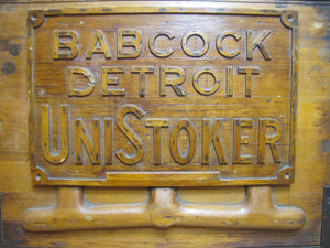 BABCOCK DETROIT UNISTOKER Orig Old Industrial Form Mold Sign Steampunk Equipment Machinery Wooden Form & Metal Braces Maker Number Tag