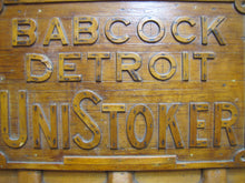 Load image into Gallery viewer, BABCOCK DETROIT UNISTOKER Orig Old Industrial Form Mold Sign Steampunk Equipment Machinery Wooden Form &amp; Metal Braces Maker Number Tag
