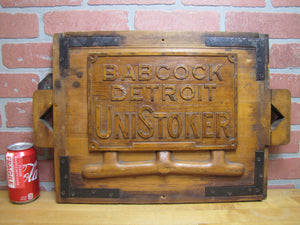 BABCOCK DETROIT UNISTOKER Orig Old Industrial Form Mold Sign Steampunk Equipment Machinery Wooden Form & Metal Braces Maker Number Tag