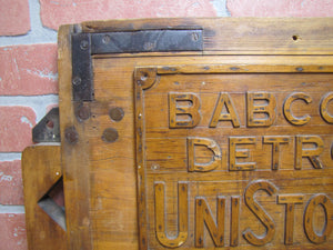 BABCOCK DETROIT UNISTOKER Orig Old Industrial Form Mold Sign Steampunk Equipment Machinery Wooden Form & Metal Braces Maker Number Tag