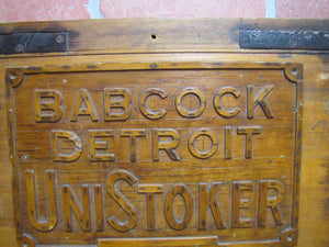 BABCOCK DETROIT UNISTOKER Orig Old Industrial Form Mold Sign Steampunk Equipment Machinery Wooden Form & Metal Braces Maker Number Tag