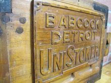 Load image into Gallery viewer, BABCOCK DETROIT UNISTOKER Orig Old Industrial Form Mold Sign Steampunk Equipment Machinery Wooden Form &amp; Metal Braces Maker Number Tag

