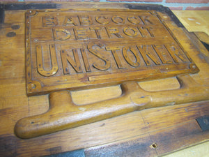 BABCOCK DETROIT UNISTOKER Orig Old Industrial Form Mold Sign Steampunk Equipment Machinery Wooden Form & Metal Braces Maker Number Tag