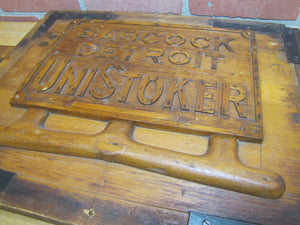 BABCOCK DETROIT UNISTOKER Orig Old Industrial Form Mold Sign Steampunk Equipment Machinery Wooden Form & Metal Braces Maker Number Tag