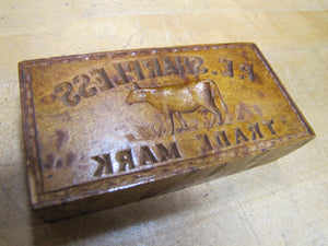 P.E. SHARPLESS COW TM Antique Penna Co Advertising Wooden Butter Pat Stamp Mold Trade Mark Ornate Folk Art