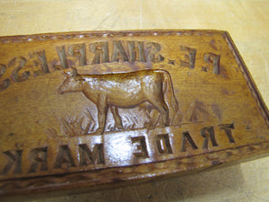 P.E. SHARPLESS COW TM Antique Penna Co Advertising Wooden Butter Pat Stamp Mold Trade Mark Ornate Folk Art