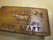 Load image into Gallery viewer, P.E. SHARPLESS COW TM Antique Penna Co Advertising Wooden Butter Pat Stamp Mold Trade Mark Ornate Folk Art
