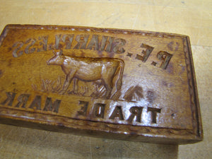 P.E. SHARPLESS COW TM Antique Penna Co Advertising Wooden Butter Pat Stamp Mold Trade Mark Ornate Folk Art