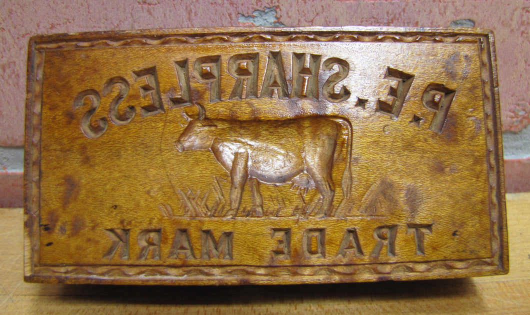 P.E. SHARPLESS COW TM Antique Penna Co Advertising Wooden Butter Pat Stamp Mold Trade Mark Ornate Folk Art