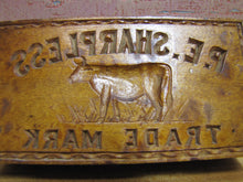 Load image into Gallery viewer, P.E. SHARPLESS COW TM Antique Penna Co Advertising Wooden Butter Pat Stamp Mold Trade Mark Ornate Folk Art
