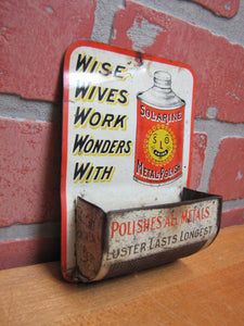 WISE WIVES WORK WONDERS WITH SOLARINE OLD TIN LITHO MATCH HOLDER METAL POLISH AD