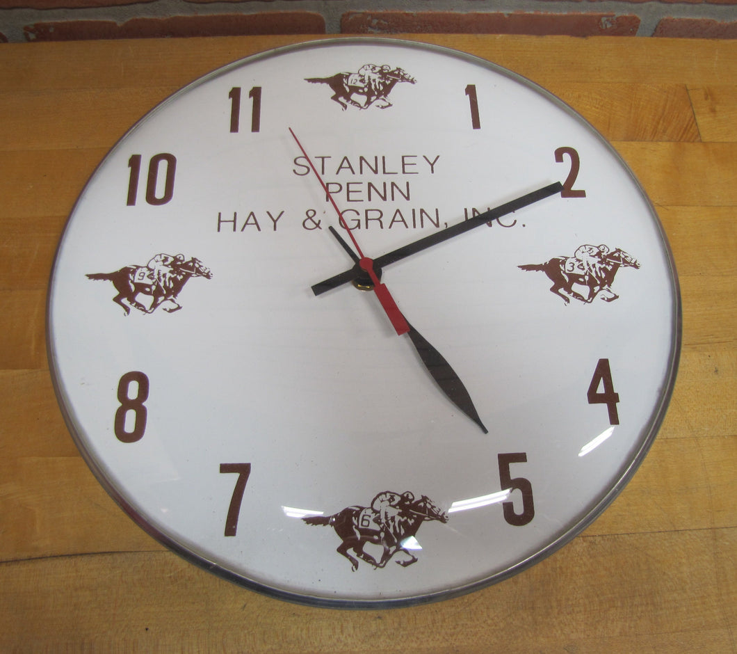 STANLEY PENN HAY & GRAIN Vintage Advertising Clock Bowed Glass RIDER RACE HORSE