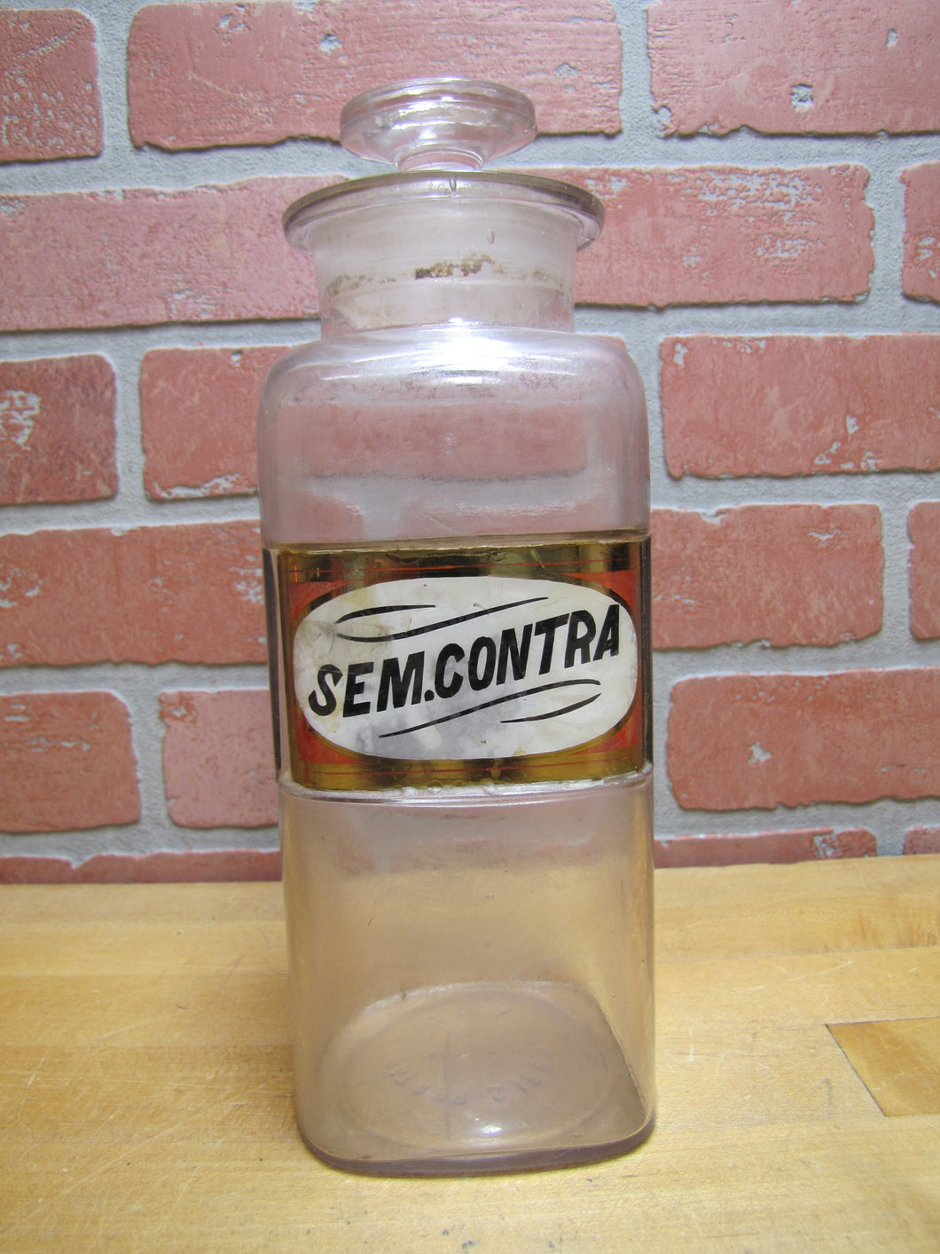 SEM CONTRA Antique Apothecary Medicine Bottle Jar ROG Reverse Under Glass Label