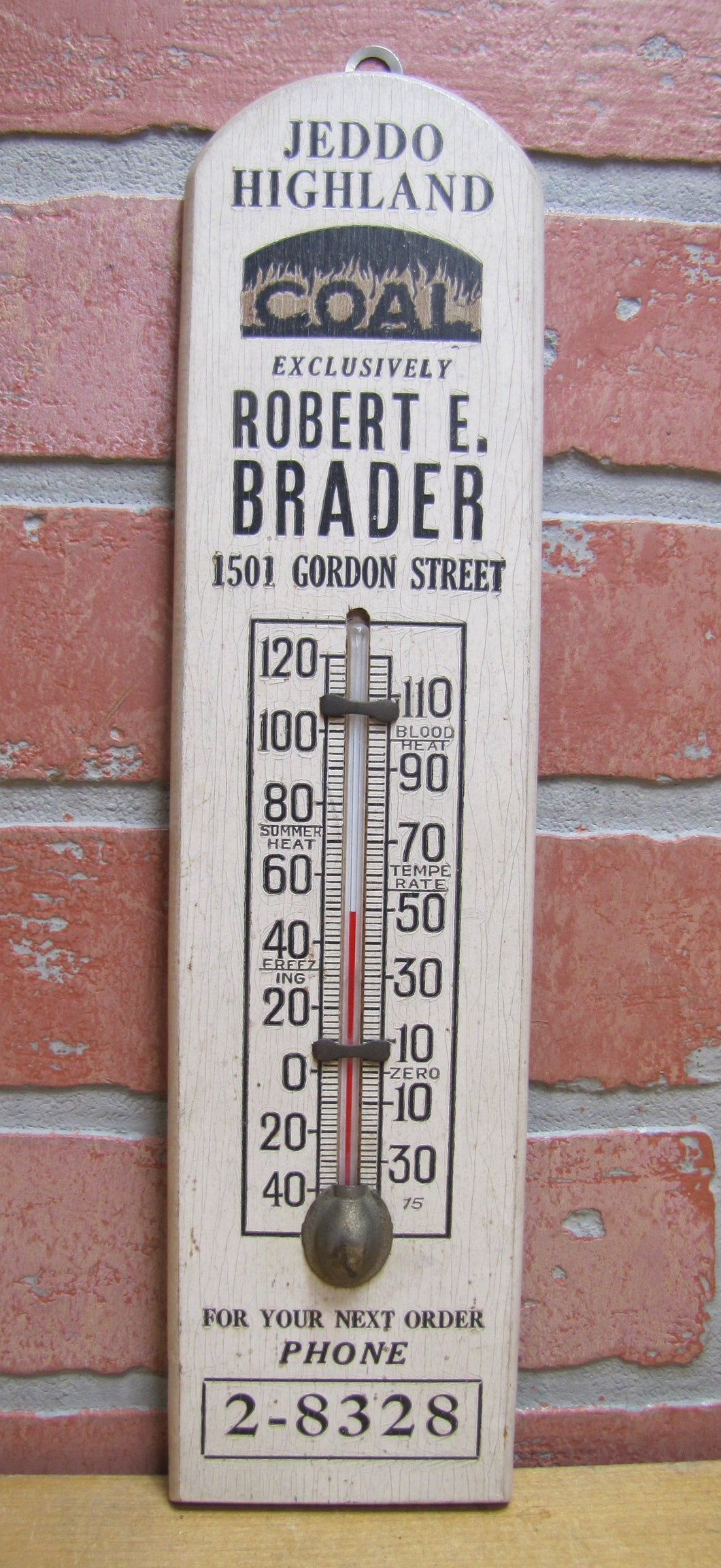 JEDDO HIGHLAND COAL Orig Old Wooden Advertising Thermometer Sign FLAMES Robert E Brader 1501 Gordon Street