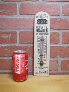 JEDDO HIGHLAND COAL Orig Old Wooden Advertising Thermometer Sign FLAMES Robert E Brader 1501 Gordon Street