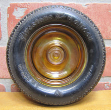Load image into Gallery viewer, Old FIRESTONE BALLOON TIRE Ashtray Rare AMBER GLASS HUBCAP Gas Oil Auto Truck Ad
