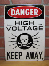 Load image into Gallery viewer, DANGER HIGH VOLTAGE KEEP AWAY SKULL CROSSBONES Old Porcelain Safety Ad Sign Industrial Shop Lightning Voltage Bolts
