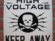 Load image into Gallery viewer, DANGER HIGH VOLTAGE KEEP AWAY SKULL CROSSBONES Old Porcelain Safety Ad Sign Industrial Shop Lightning Voltage Bolts
