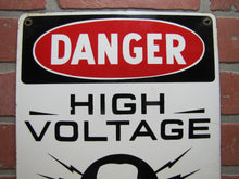 Load image into Gallery viewer, DANGER HIGH VOLTAGE KEEP AWAY SKULL CROSSBONES Old Porcelain Safety Ad Sign Industrial Shop Lightning Voltage Bolts
