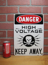 Load image into Gallery viewer, DANGER HIGH VOLTAGE KEEP AWAY SKULL CROSSBONES Old Porcelain Safety Ad Sign Industrial Shop Lightning Voltage Bolts
