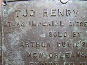 TUG HENRY GRAY ATLAS IMPERIAL DIESEL ENGINES SOLD BY ARTHUR DUVIC'S SONS NEW ORLEANS LA ENGINE NO 11005 1935 Old Bronze Builders Dealers Boat Plaque Sign Plate