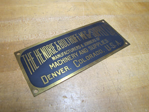 HENDRIE & BOLTHOFF MFG & SUPPLY CO DENVER COLORADO USA Old Brass Nameplate Sign