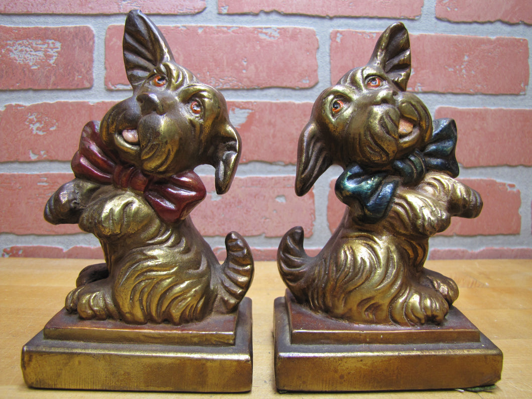 ARMOR BRONZE Co Taunton Mass 1920s Decorative Arts Scottish Terrier Puppy Bowtie Begging Pair Bronze Clad Figural Bookends