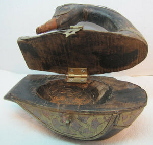Folk Art Wood Hand Carved Decorated Swan Trinket Box Wood Copper Brass Unique