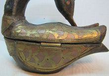 Load image into Gallery viewer, Folk Art Wood Hand Carved Decorated Swan Trinket Box Wood Copper Brass Unique
