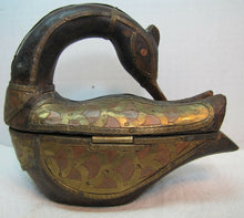 Load image into Gallery viewer, Folk Art Wood Hand Carved Decorated Swan Trinket Box Wood Copper Brass Unique

